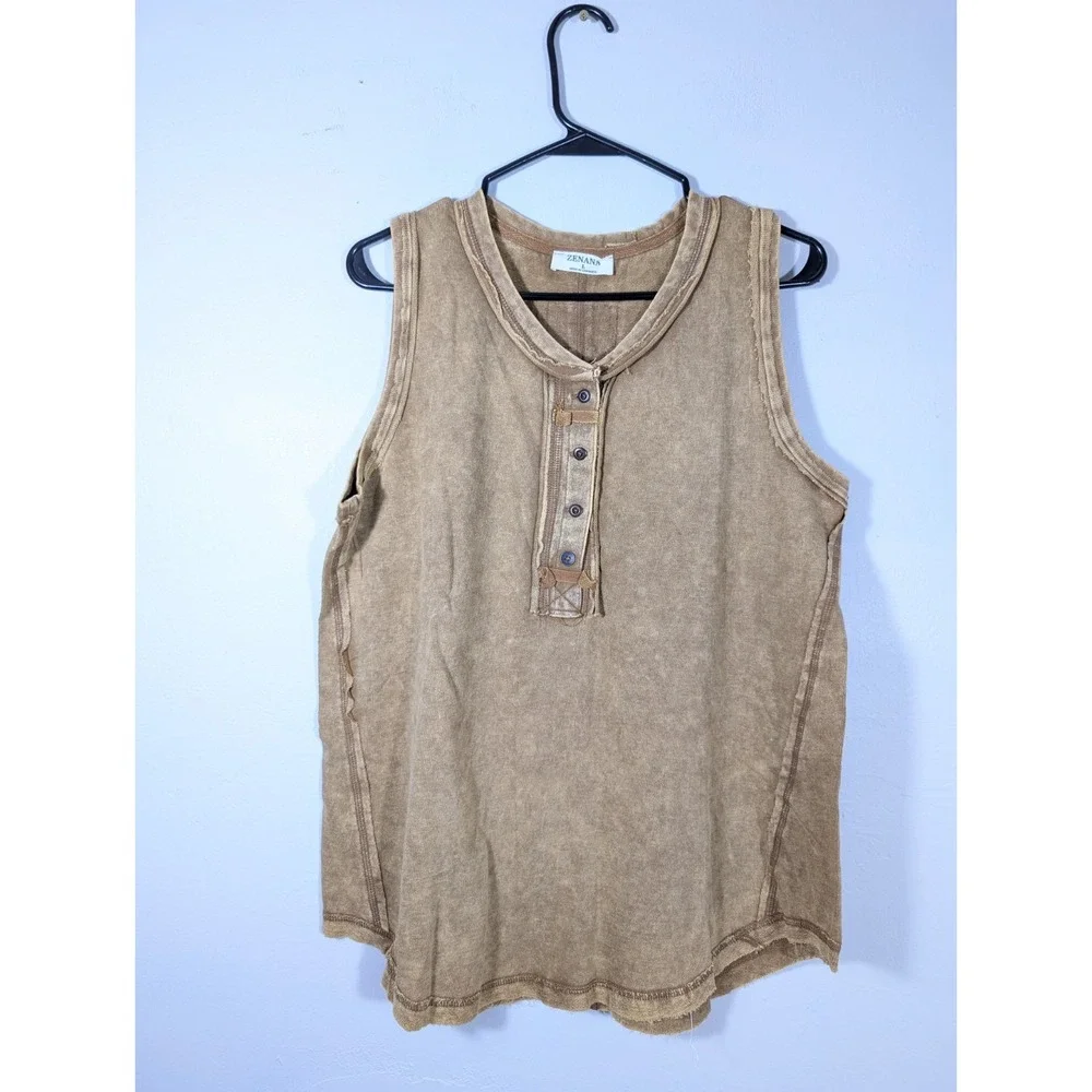 ZENANA Color Washed Henley‎ Tank top Tunic Raw Edge Exposed Seam Mocha Large